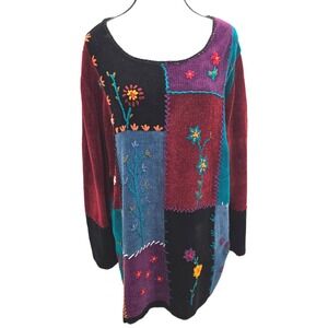 90s VTG Patchwork Embroidered Floral Chenille Sweater Tunic Womens Long Sleeve L